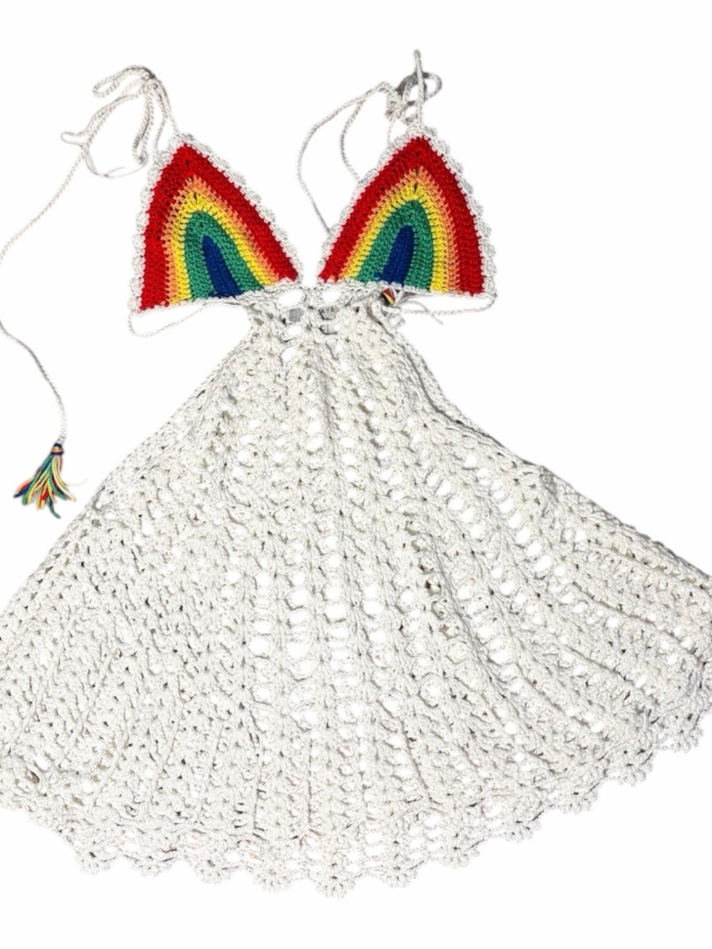 Papaya White Crochet Dress with Rainbow Crochet